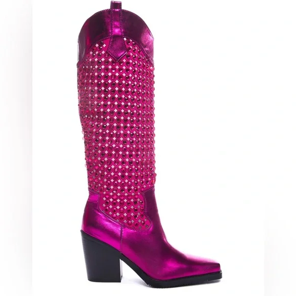 Fuchsia Studded Heeled Boots - Picture 1 of 9